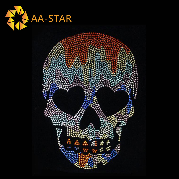 Colorful hotfix rhinestone skull motif transfer applique for garment